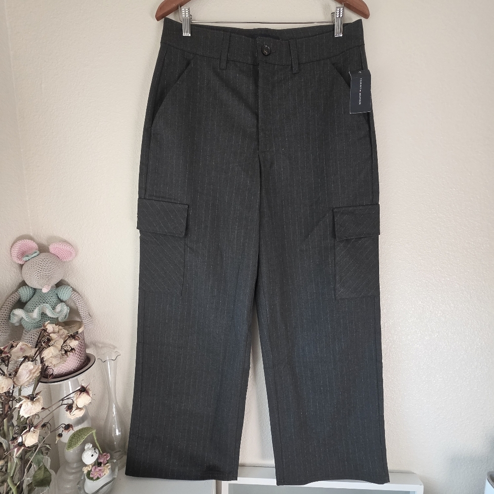 Tommy Hilfiger Womens Gray Striped Wide Leg Cargo Pants Size 10